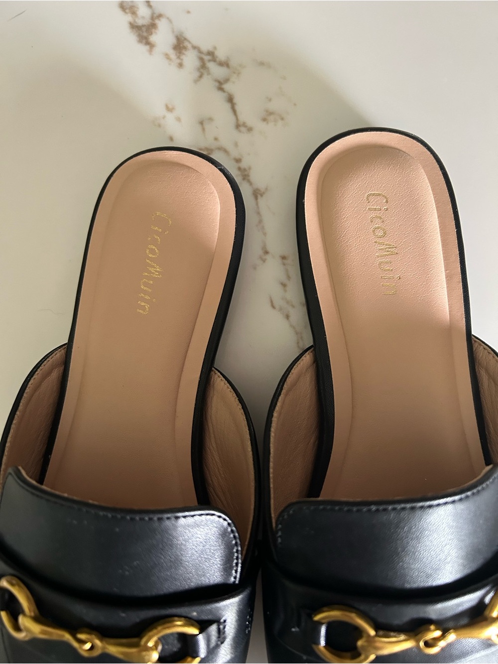 Black Leather Slip-On Mules with Gold Bit Detail - Women-Size 10 - Picture 6 of 7